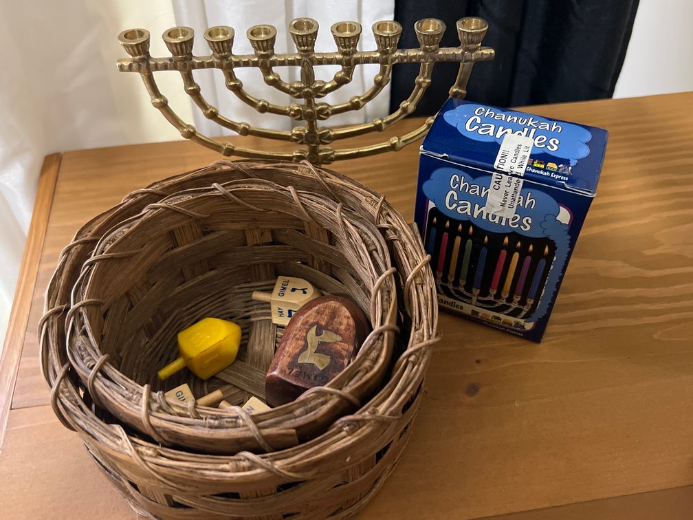 Brass Hanukkah Menorah, Dreidels, Candles, and Baskets