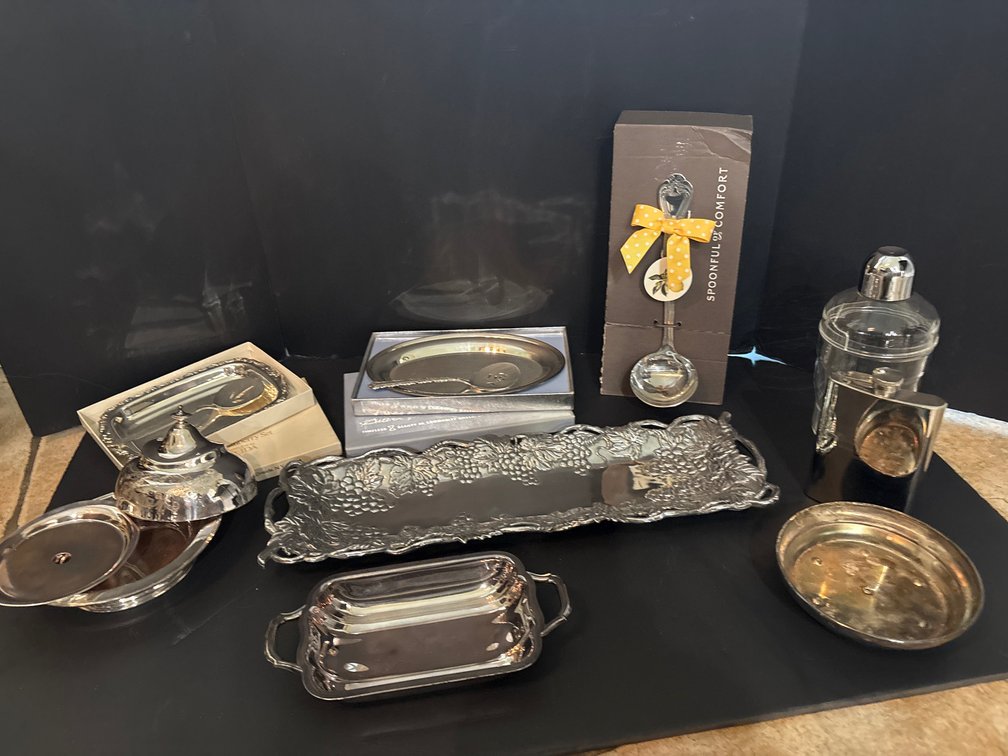 Silverplate Serveware, Glass Cocktail Shaker, and Barware