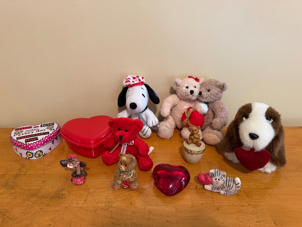 Valentine's Day Plush, Figurines, Heart Tins, and Storage Tub