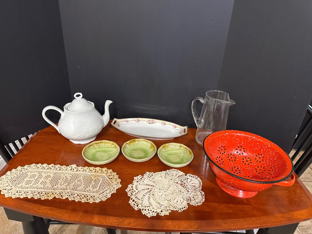 Teapot, Colander, Pitcher, and Dishware