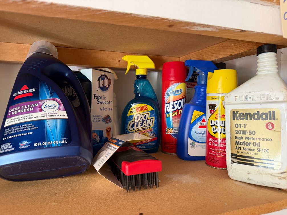 Household Cleaners, Wire Scrub Brush, and Kendall Motor Oil
