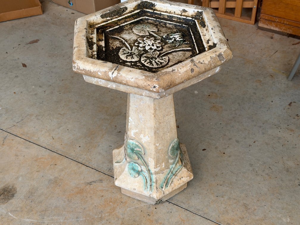 Hexagonal Glazed Ceramic Birdbath with Water Lily and Frog Motif