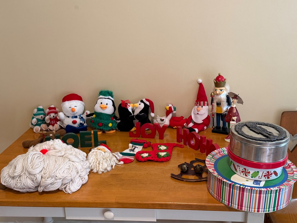 Christmas Holiday Decor, Wooden Letter Blocks, Plush Toys, and Tins