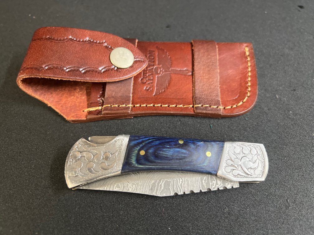 Salvation Damascus Folding Knife with Sheath
