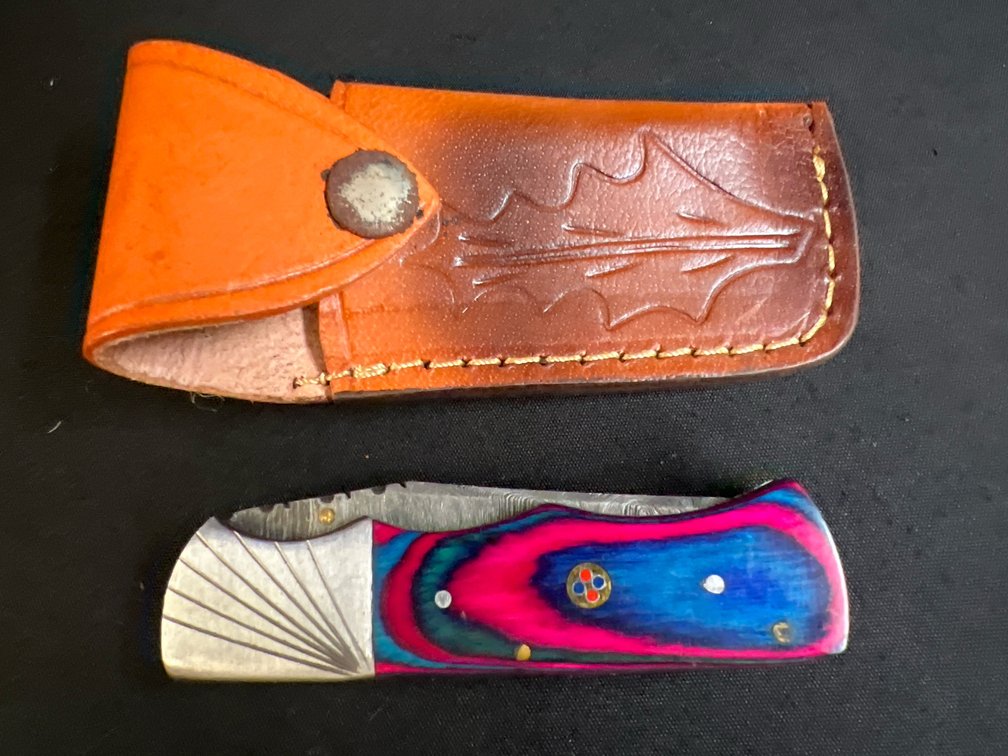 Steel Folding Pocket Knife with Leather Sheath