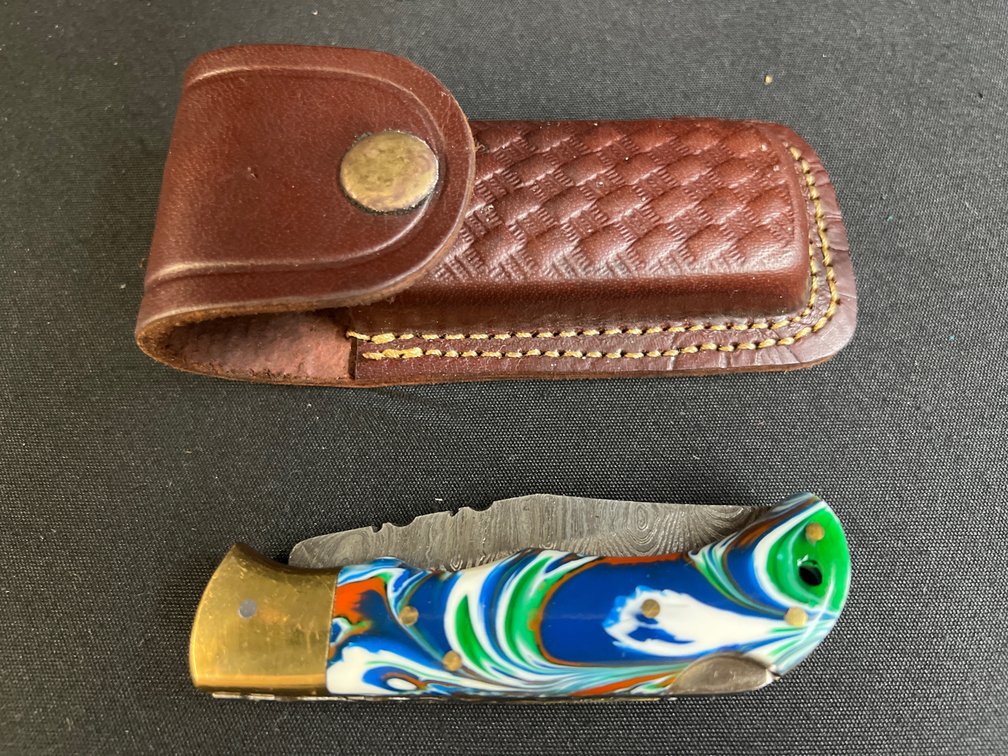 Steel Folding Pocket Knife with Leather Sheath