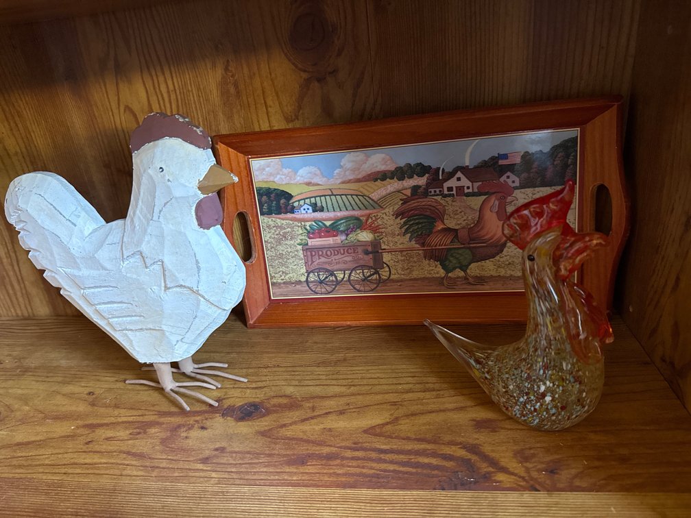 Art Glass Rooster, and Carved Chicken Figurine