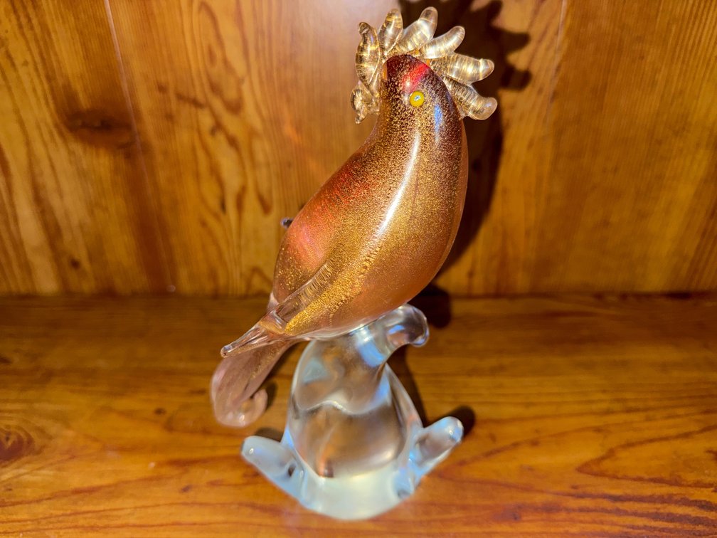 Art Glass Crested Bird Figurine with Gold Aventurine