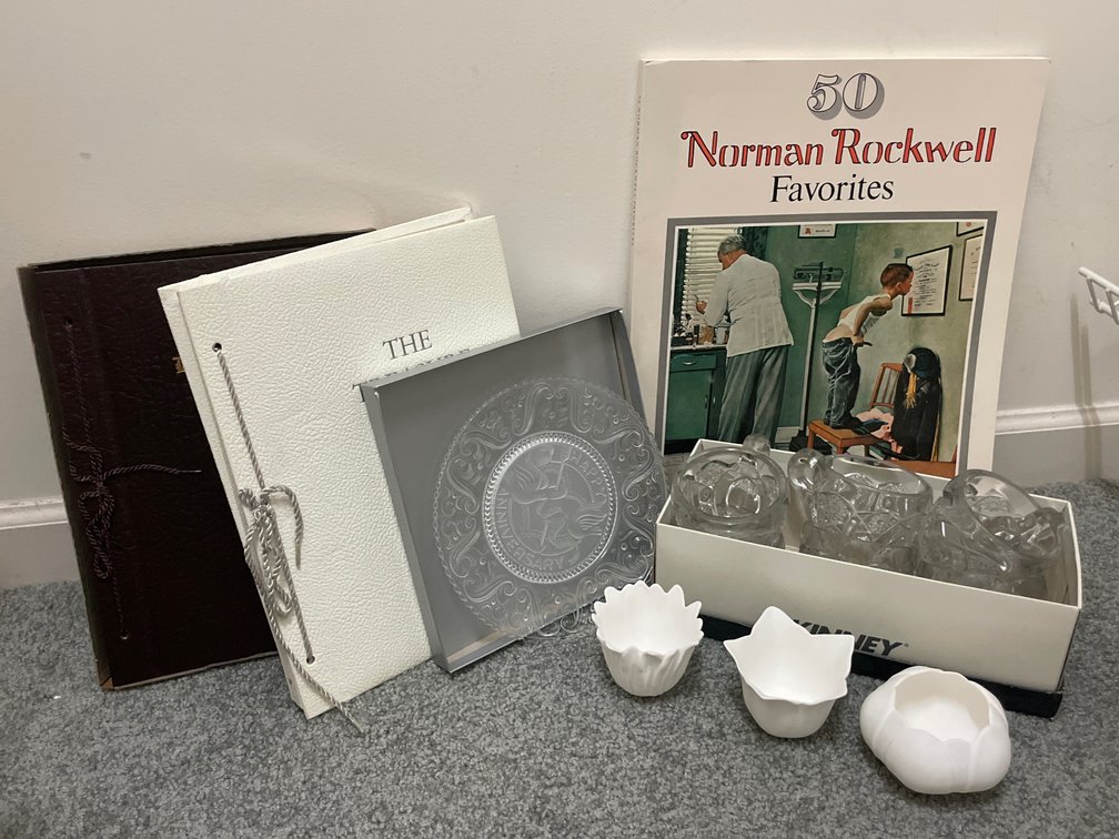 Norman Rockwell Book, Inspirational Books, and Glassware