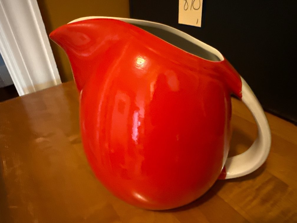 Hall's Red Ceramic Ball Pitcher with White Handle