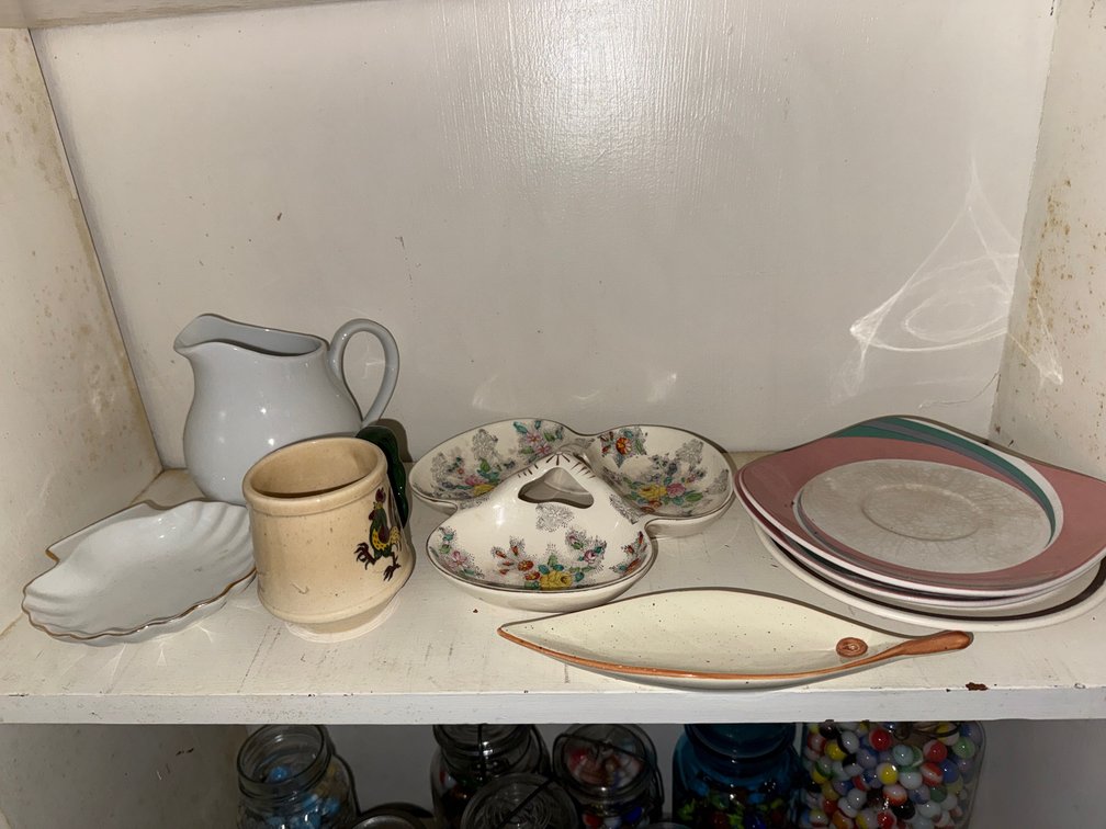 Ceramic Pitcher, Divided Dish, Saucers, and Tableware