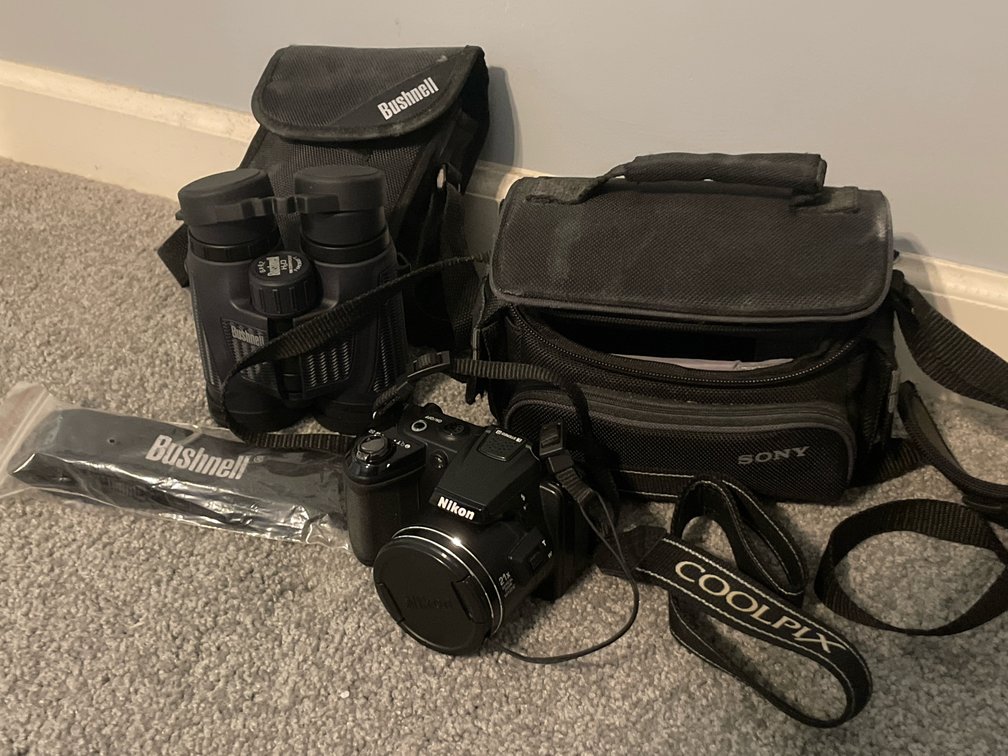 Digital Camera, Binoculars, Mini Tripod, and Cases