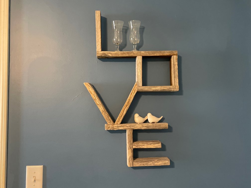 Rustic Wood LOVE Wall Shelf with Glassware and Bird Figurines