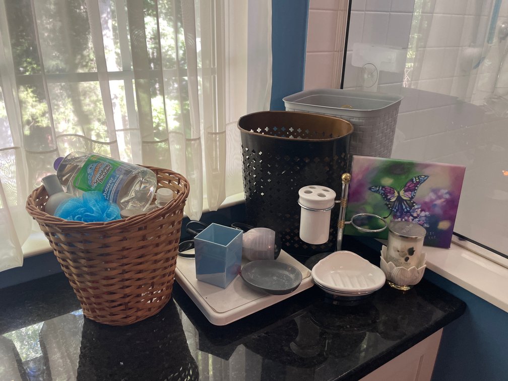 Bathroom Accessories, Wastebasket, Scale, and Hair Dryer