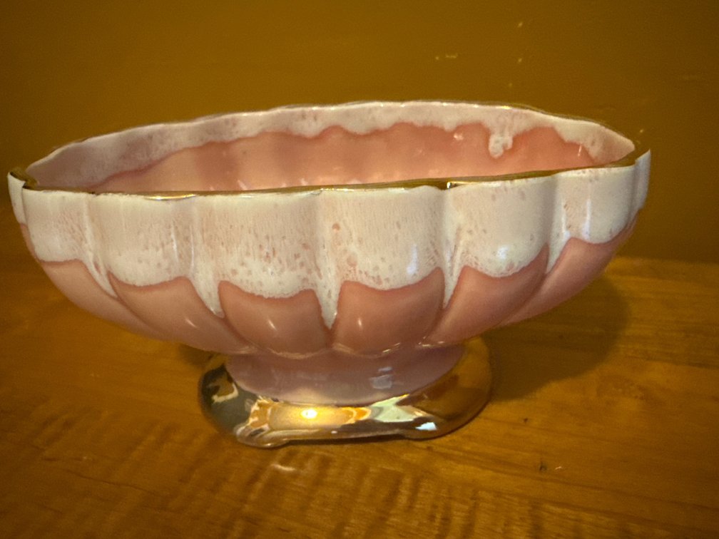 Pink and White Ceramic Fluted Pedestal Bowl with Gold Trim