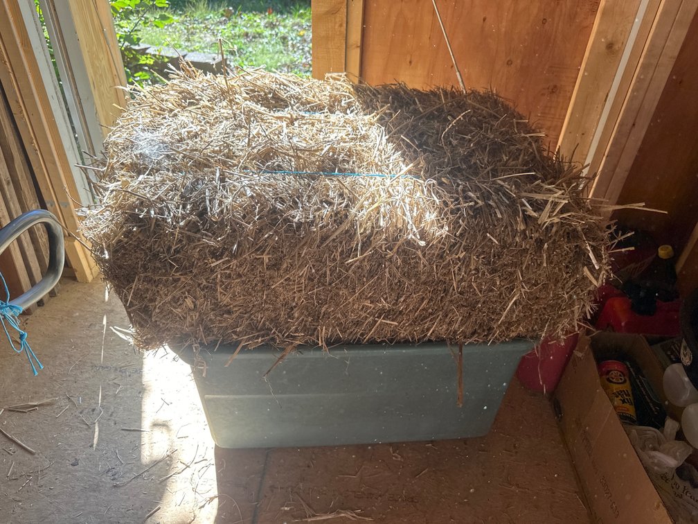 Straw Bale and Dark Green Plastic Storage Tote