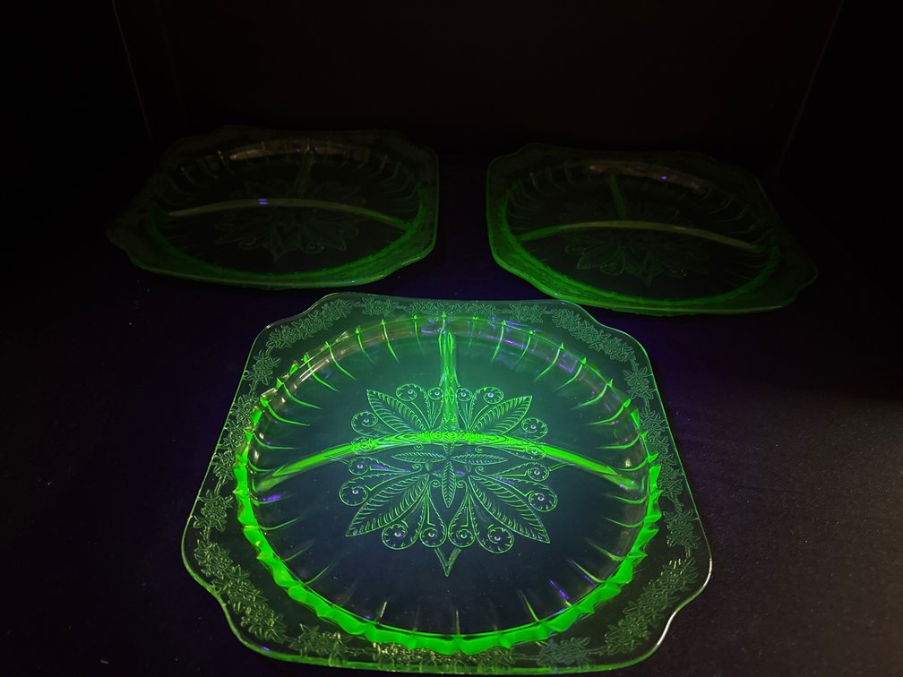 Green Uranium Depression Glass Divided Plates