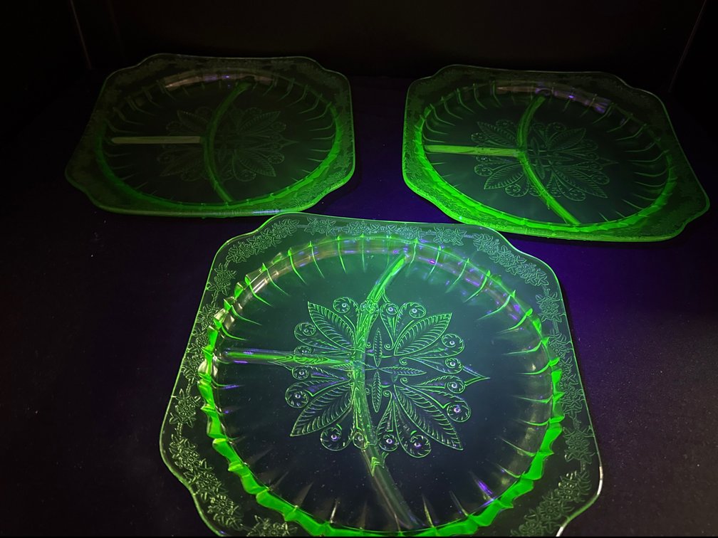 Green Uranium Glass Divided Plates