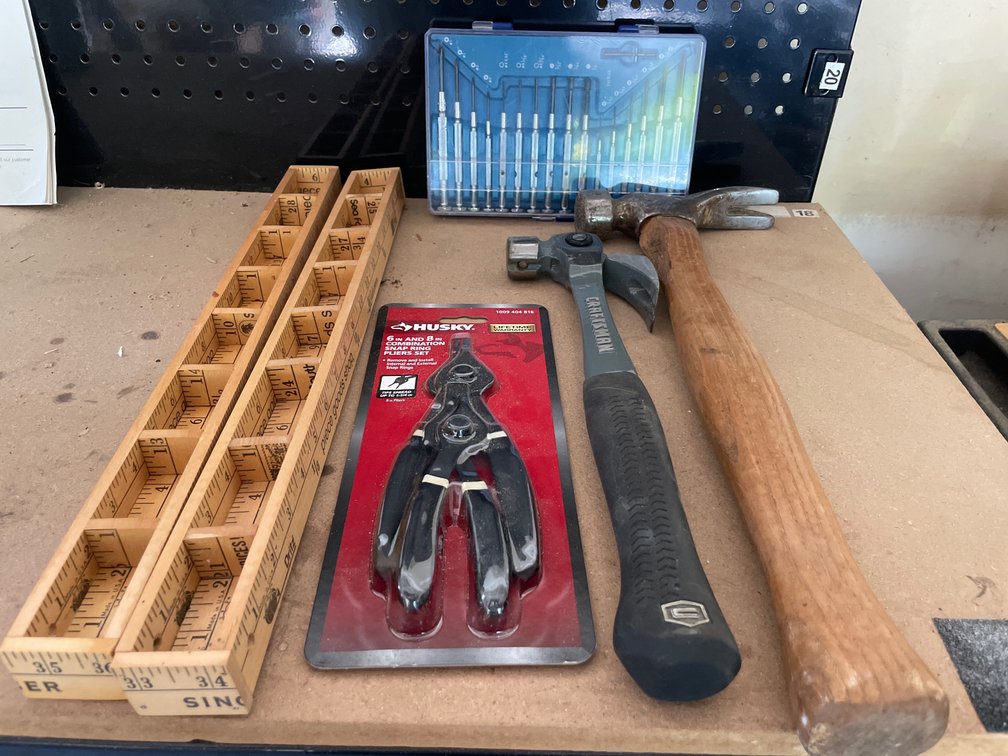 Hammers, Snap Ring Pliers, Screwdriver Set, and Wooden Trays