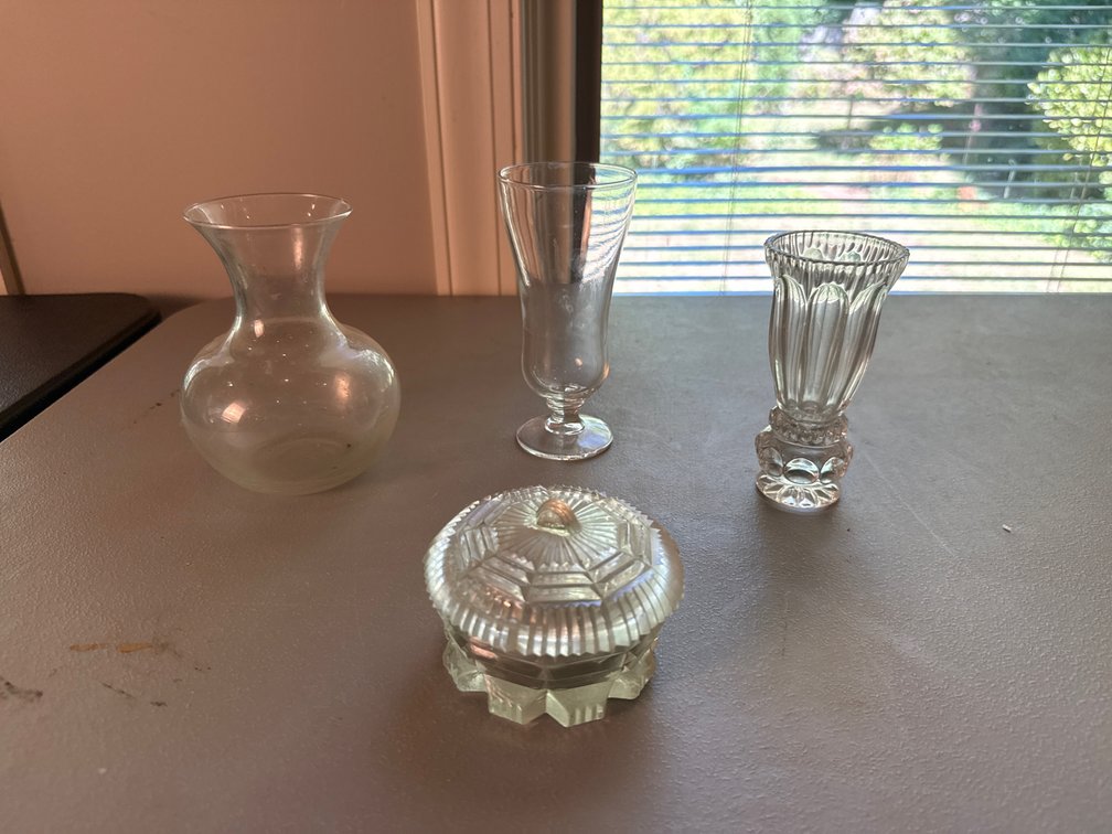 Clear Glass Vases, Footed Tumbler, and Lidded Dish