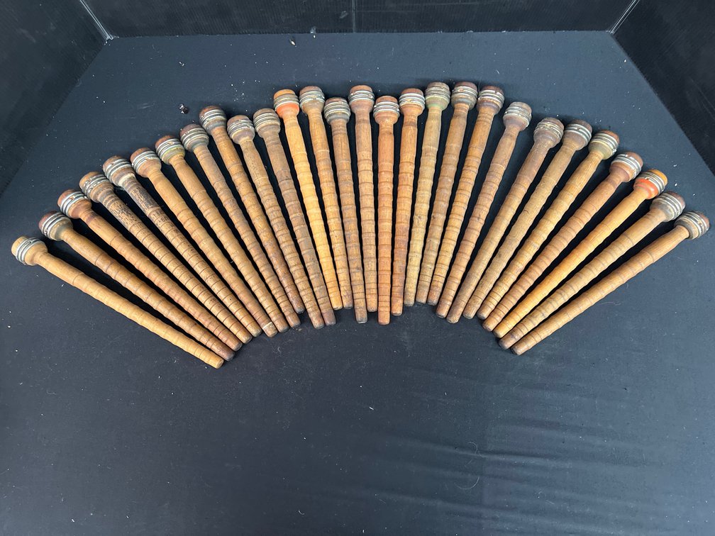 Turned Wooden Textile Bobbins with Metal Rings