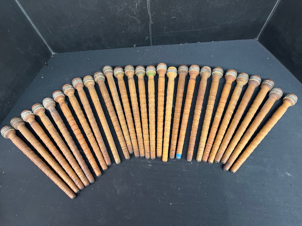 Turned Wooden Textile Bobbins with Metal Rings