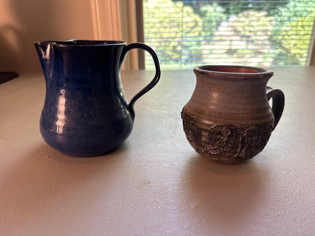 Cobalt Blue Glazed Pitcher and Carved Stoneware
