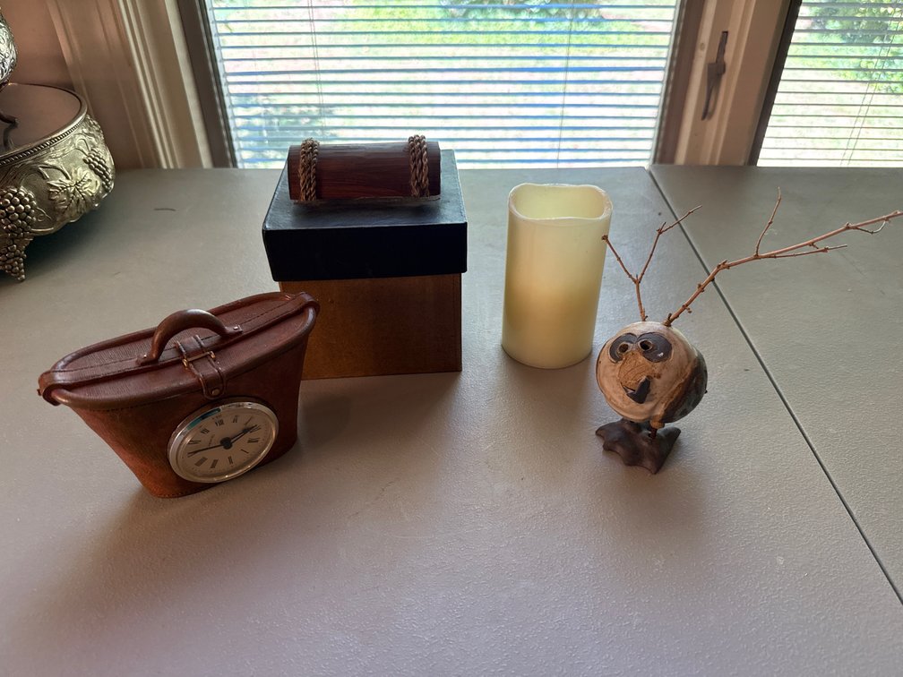 Handbag Desk Clock, Wooden Box, Candle, and Owl Figurine