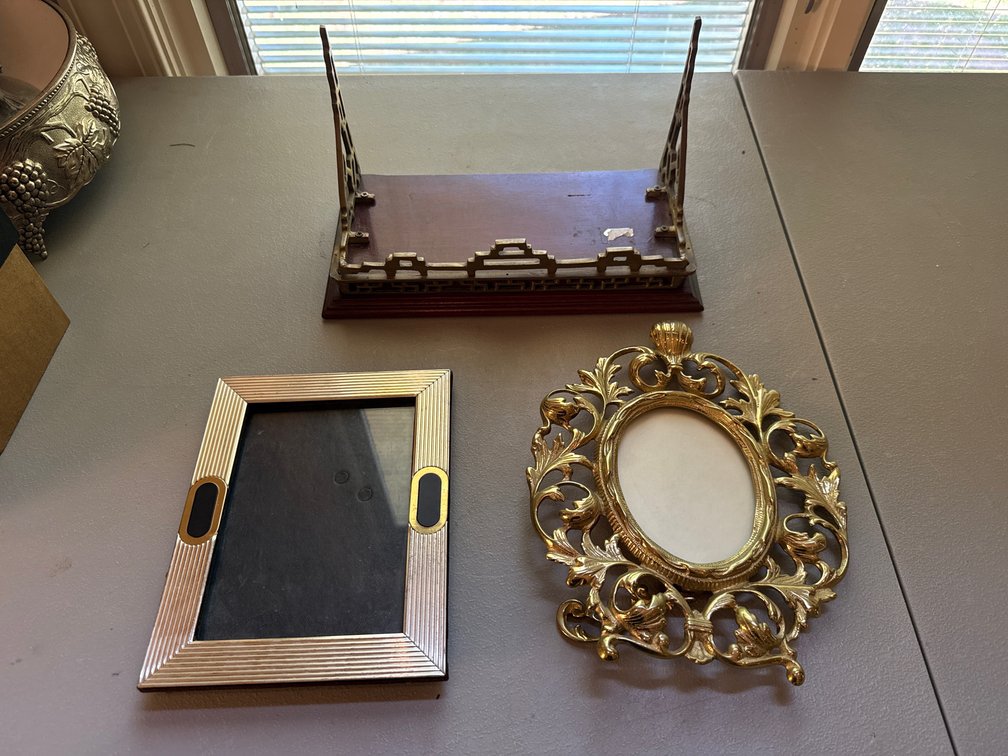 Wood Wall Shelf and Two Metal Picture Frames