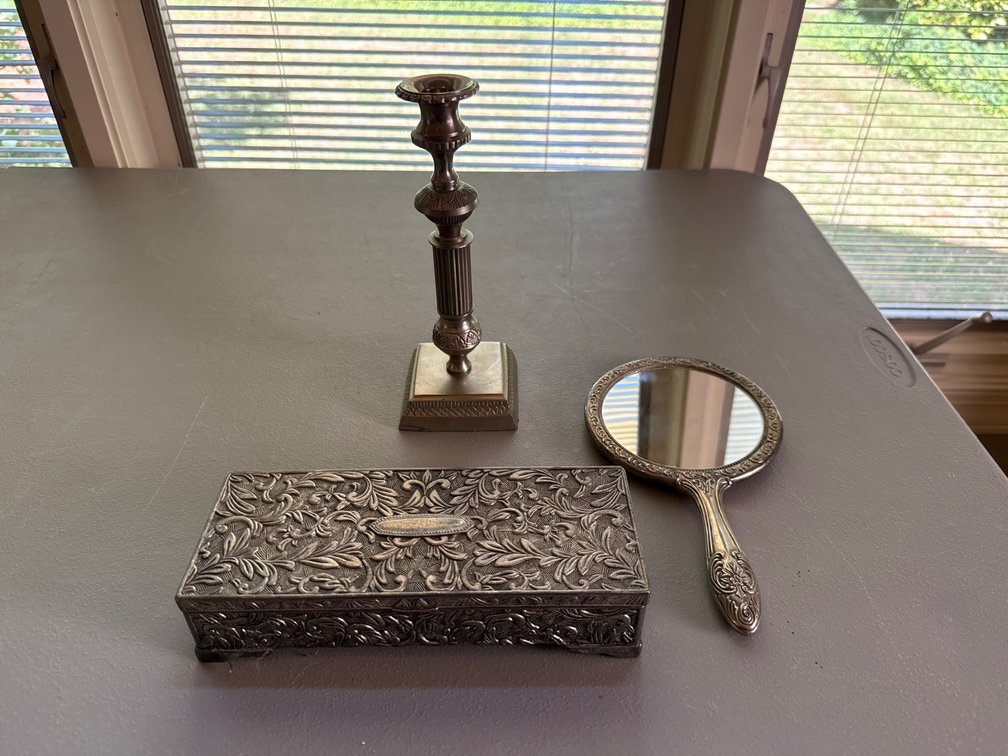 Silver-Tone Jewelry Box, Hand Mirror, and Candlestick