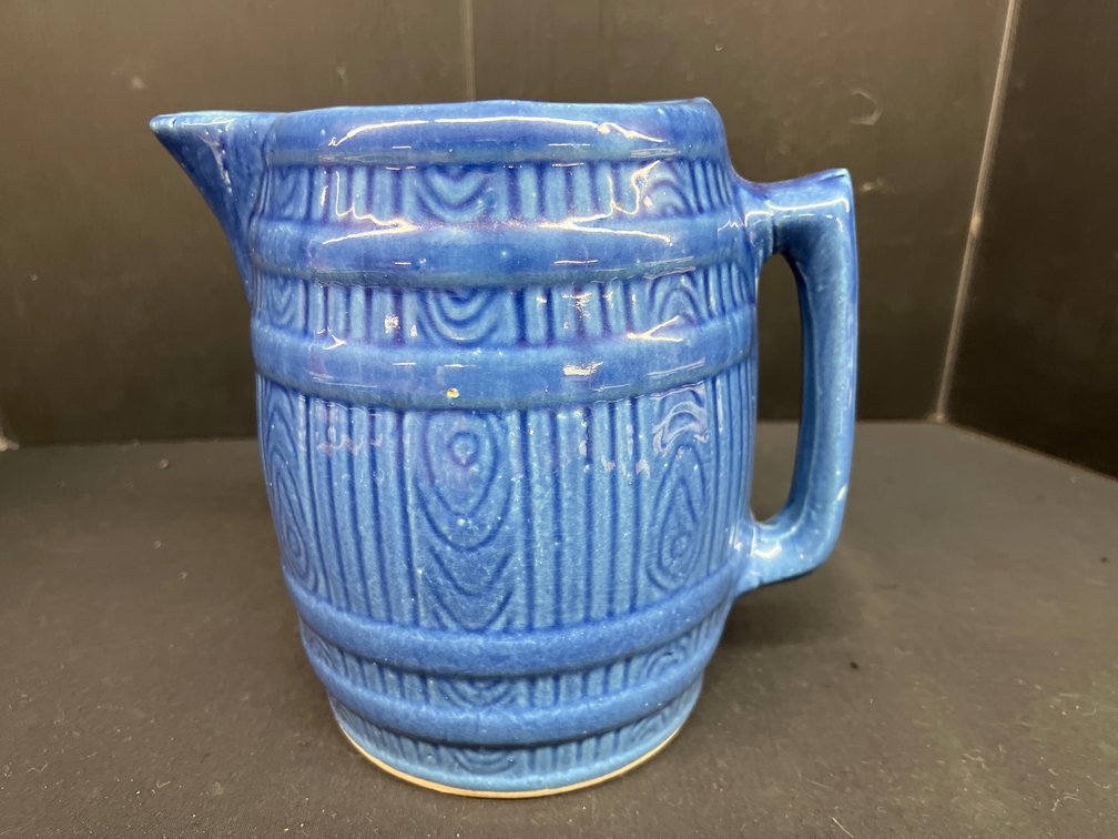 Blue Glazed Ceramic Barrel-Style Pitcher