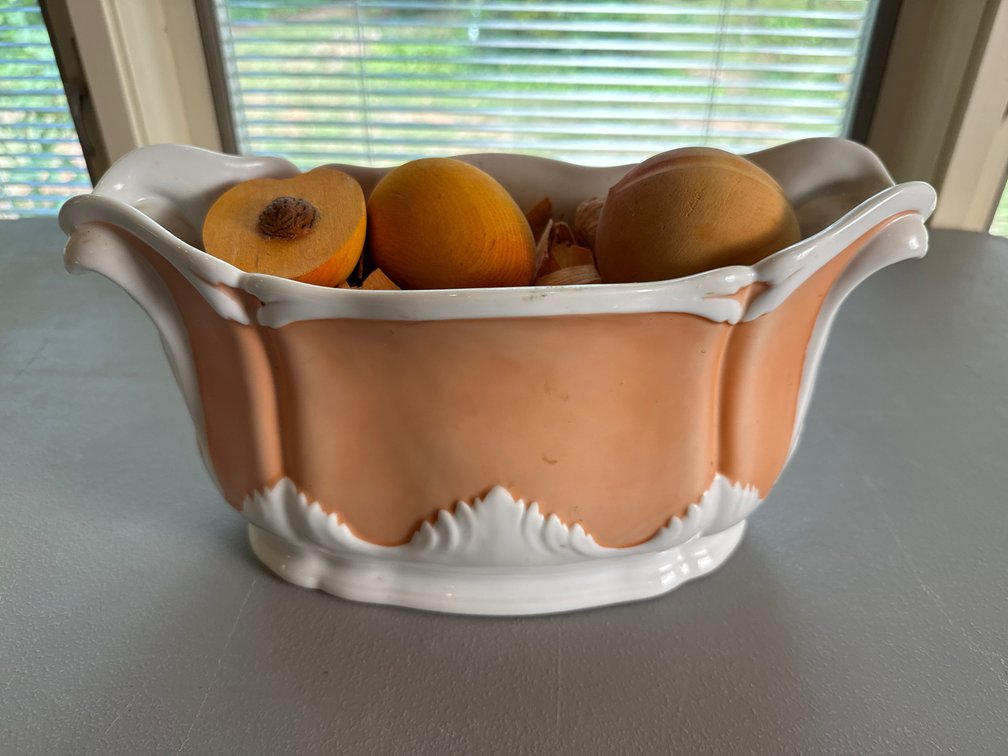 Ceramic Footed Centerpiece Bowl with Carved Wooden Fruit