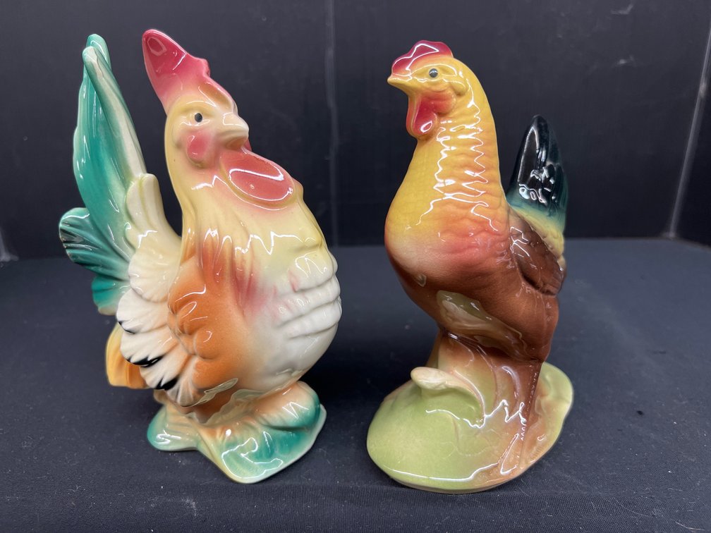Glazed Ceramic Rooster and Hen Figurines