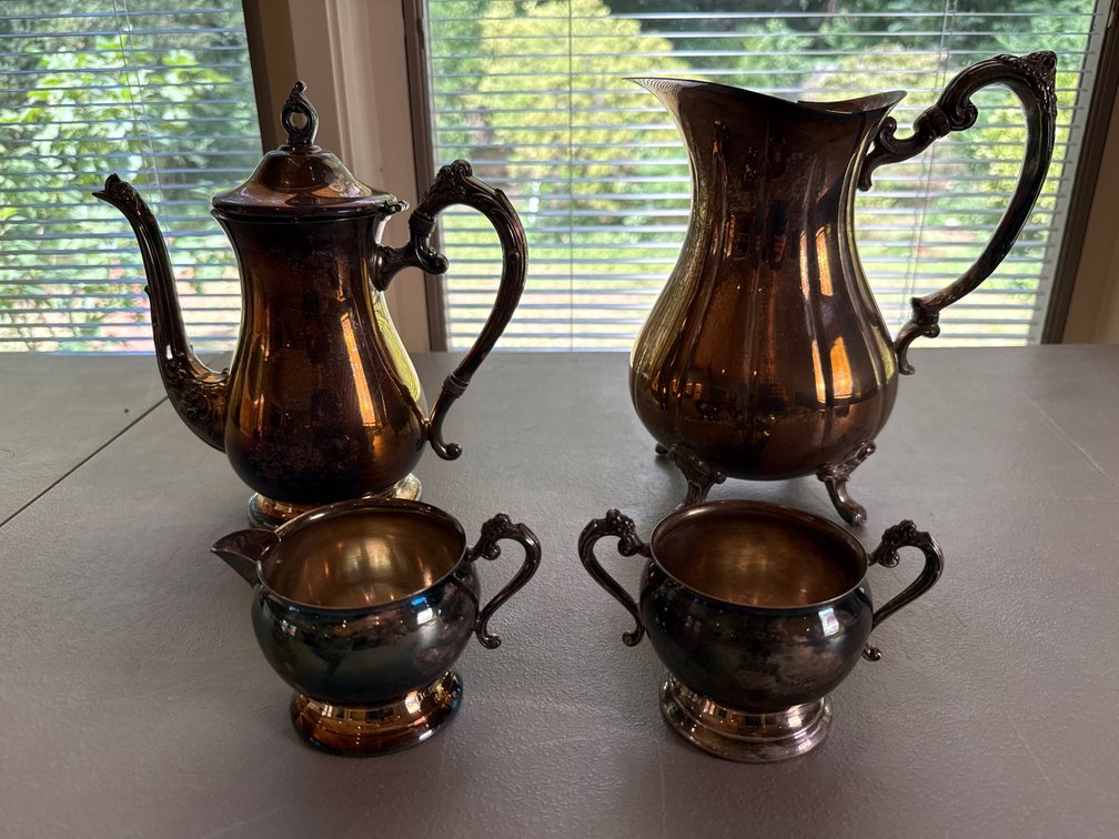 Silver-Plated Pitcher, Lidded Pot, Creamer, and Sugar Bowl