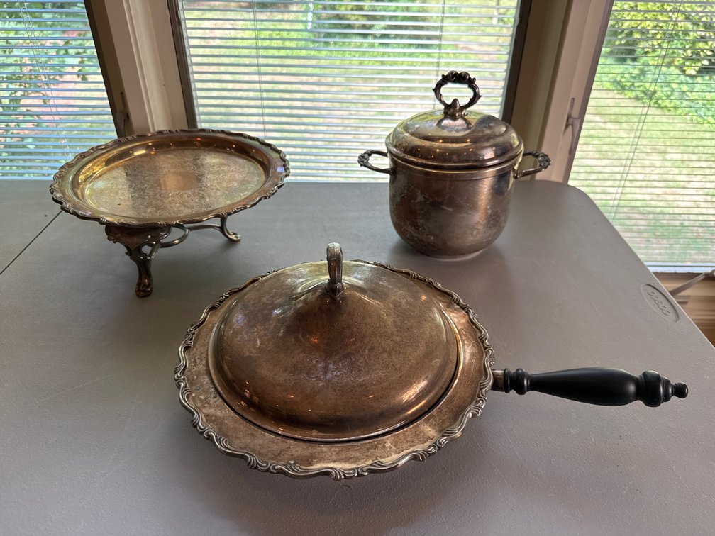 Silverplate Chafing Dish, Ice Bucket, and Footed Tray