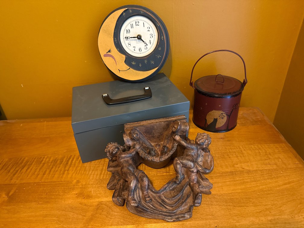 Wall Clock, Metal Lock Box, Cherub Shelf, and Tin Canister