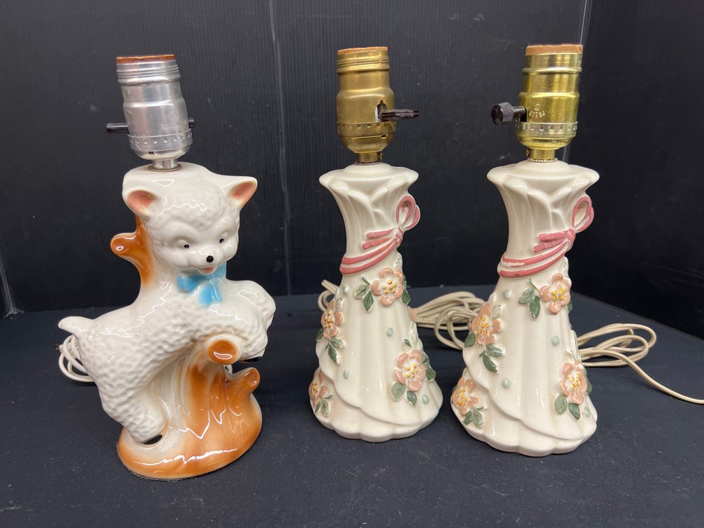 Ceramic Lamb Lamp & Pair of Floral Boudoir Lamps