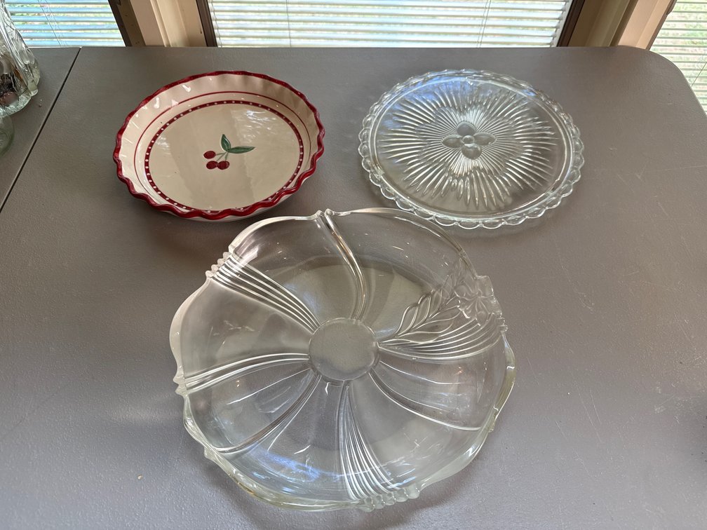 Ceramic Pie Dish and Clear Pressed Glass Serving Dishes