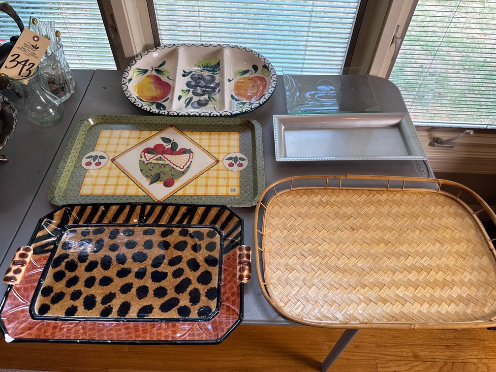 Ceramic Divided Platter, Woven Tray, and Serving Dishes