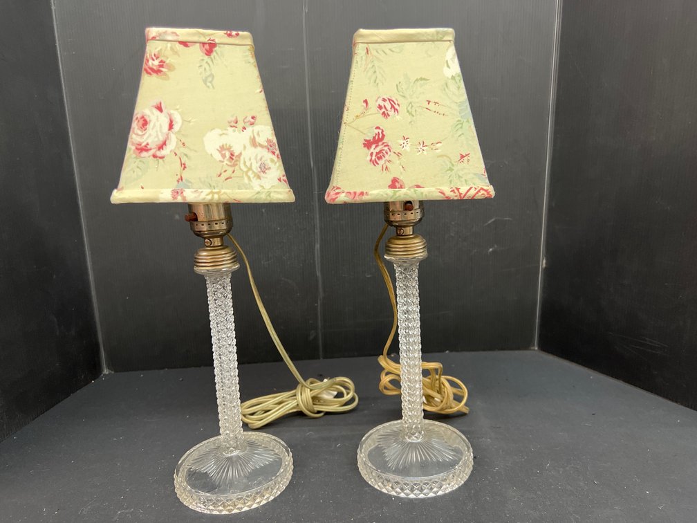 Pair of Clear Glass Lamps with Waverly Floral Shades
