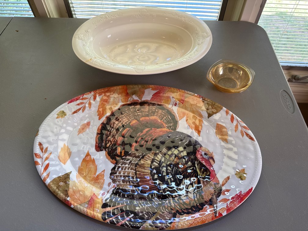 Melamine Turkey Platter, Serving Bowl, and Amber Glass Dish