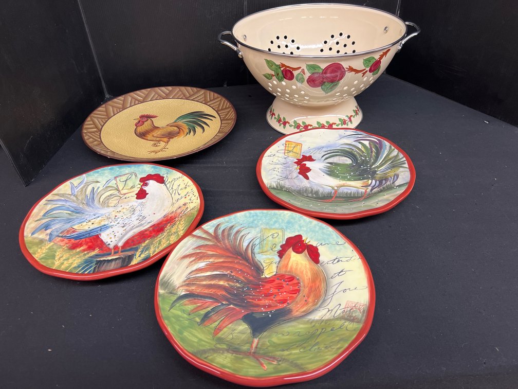 Colander and Decorative Rooster Plates