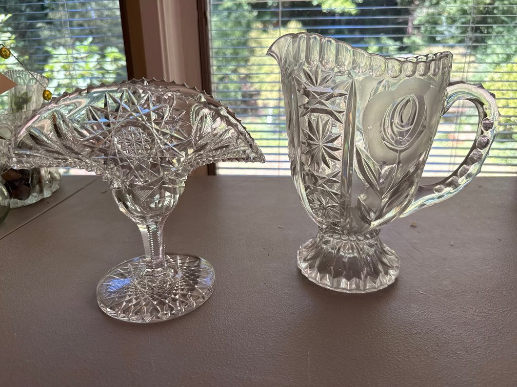 Cut Glass Pedestal Compote and Etched Glass Pitcher