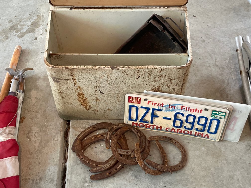 Metal Chest, Horseshoes and License Plates
