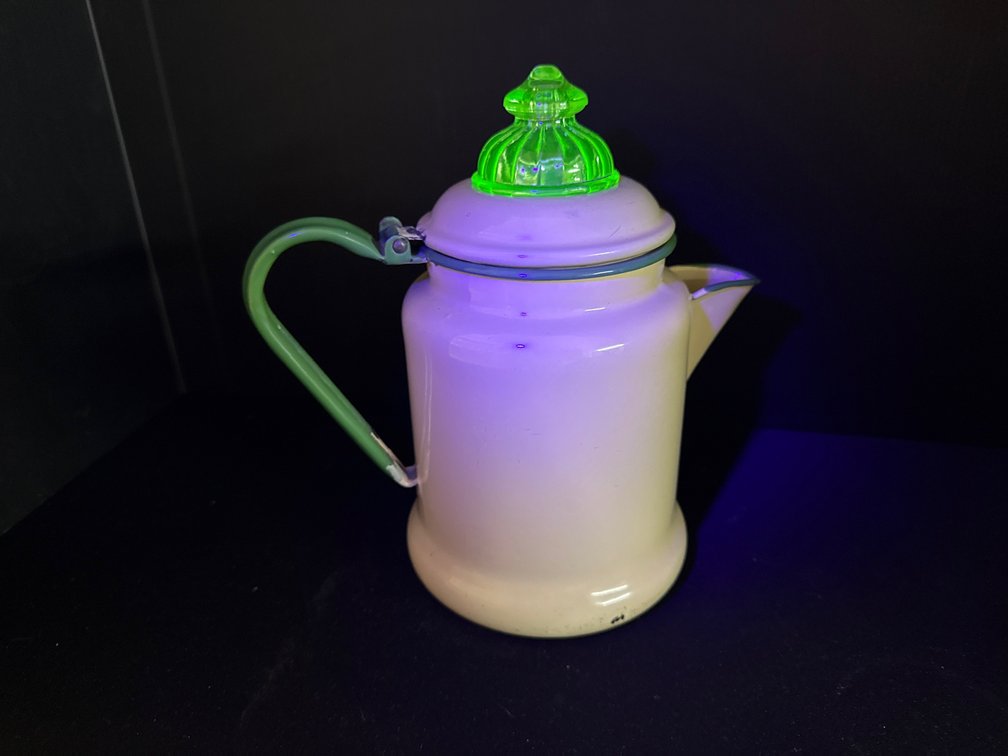 Cream Enamelware Coffee Pot with Green Glass Percolator Top