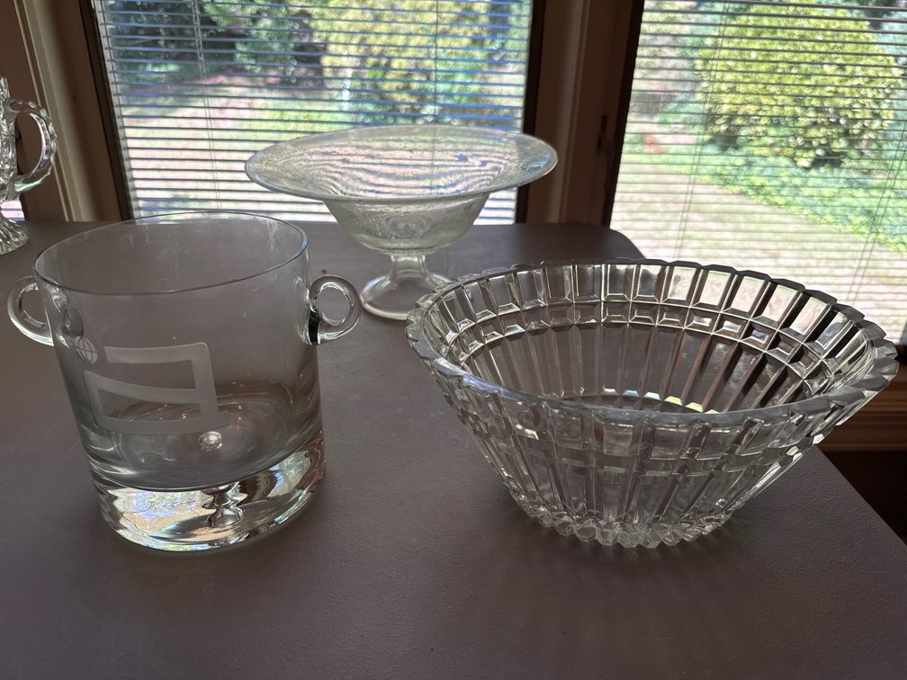 Clear Glass Ice Bucket, Compote Bowl, and Faceted Bowl