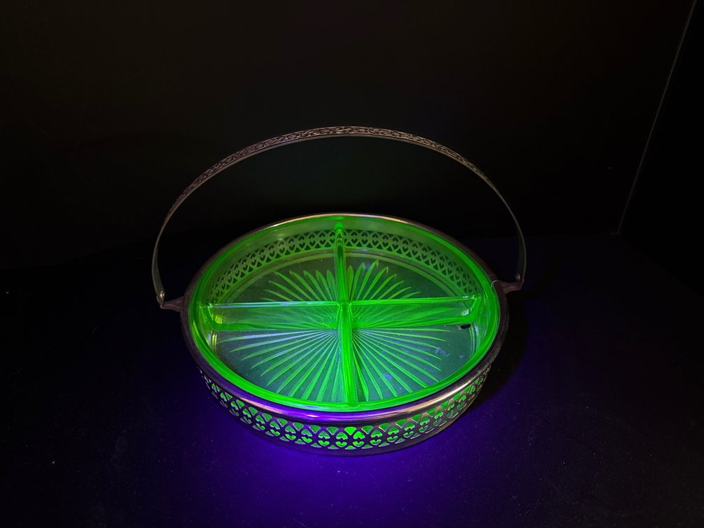 Green Uranium Glass Divided Dish in Metal Caddy