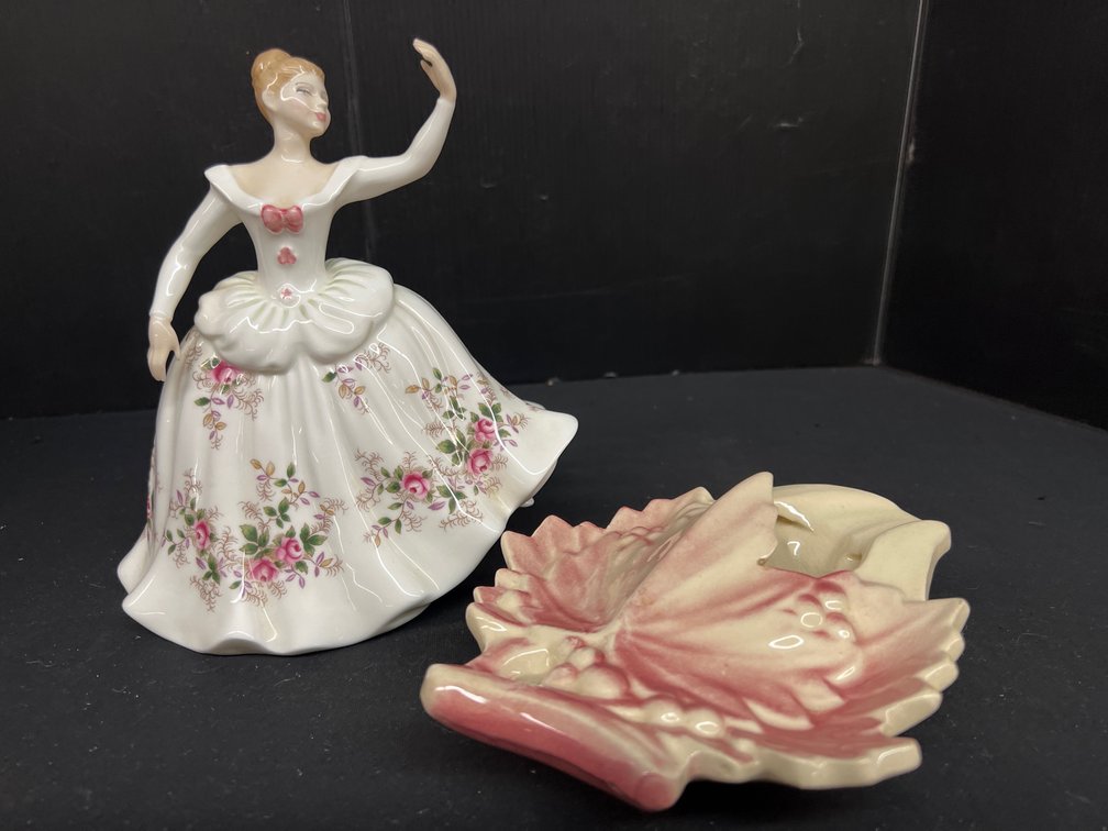 Porcelain Dancer Figurine and Ceramic Leaf Wall Pocket