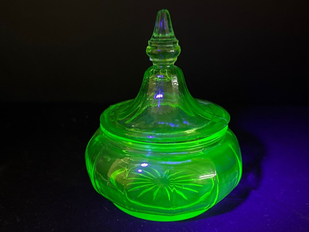 Green Uranium Pressed Glass Covered Candy Dish