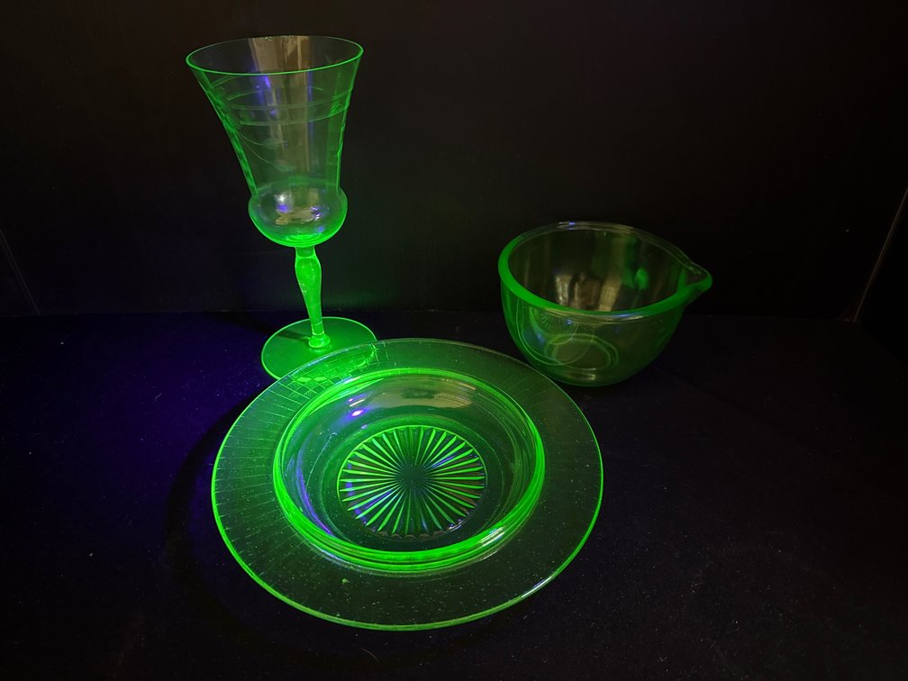 Green Uranium Glass Plate, Bowl, and Tumbler